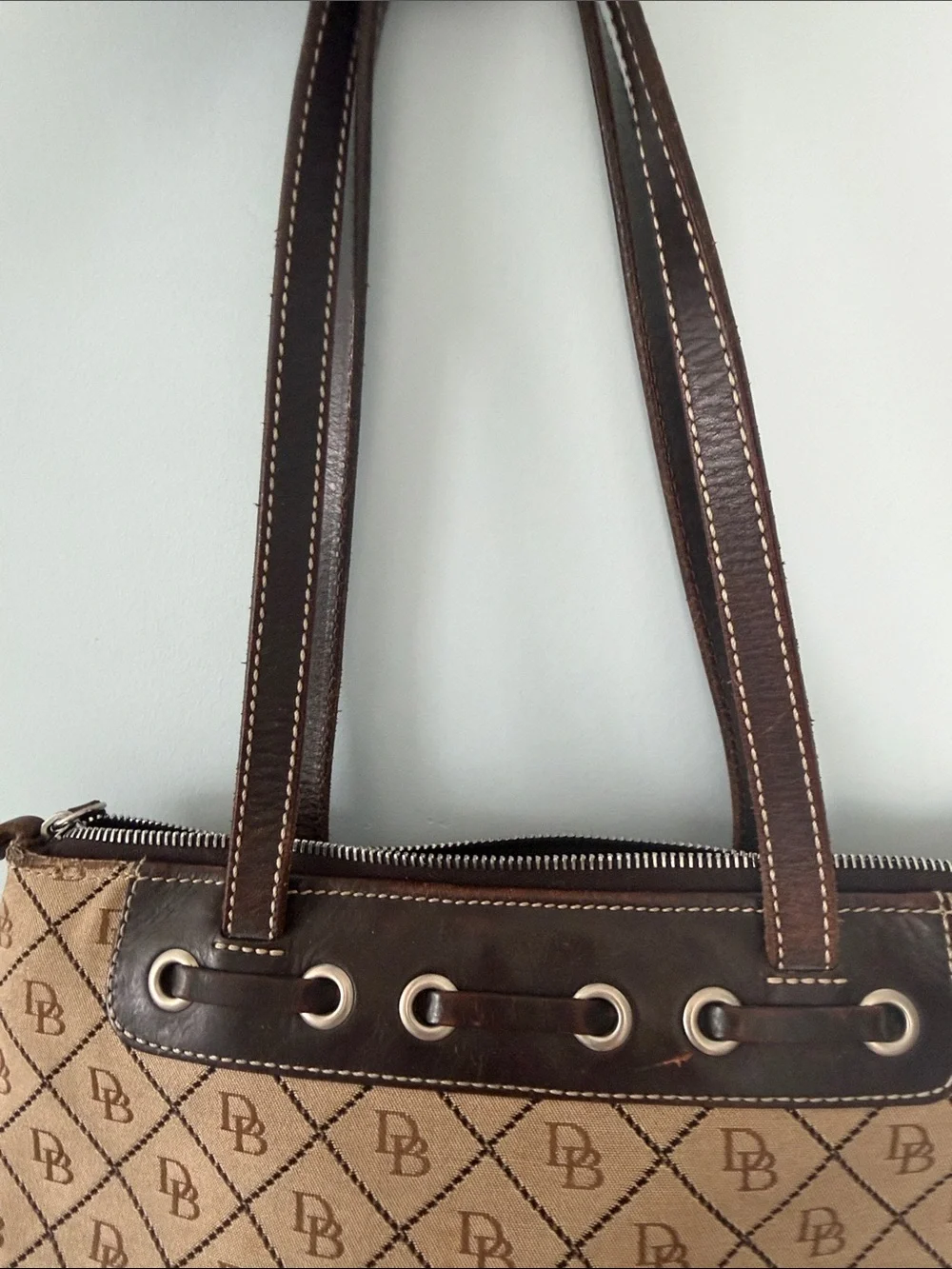 Dooney & Bourke Tan and Dark Brown Signature Monogram Shoulder Bag with Tassel